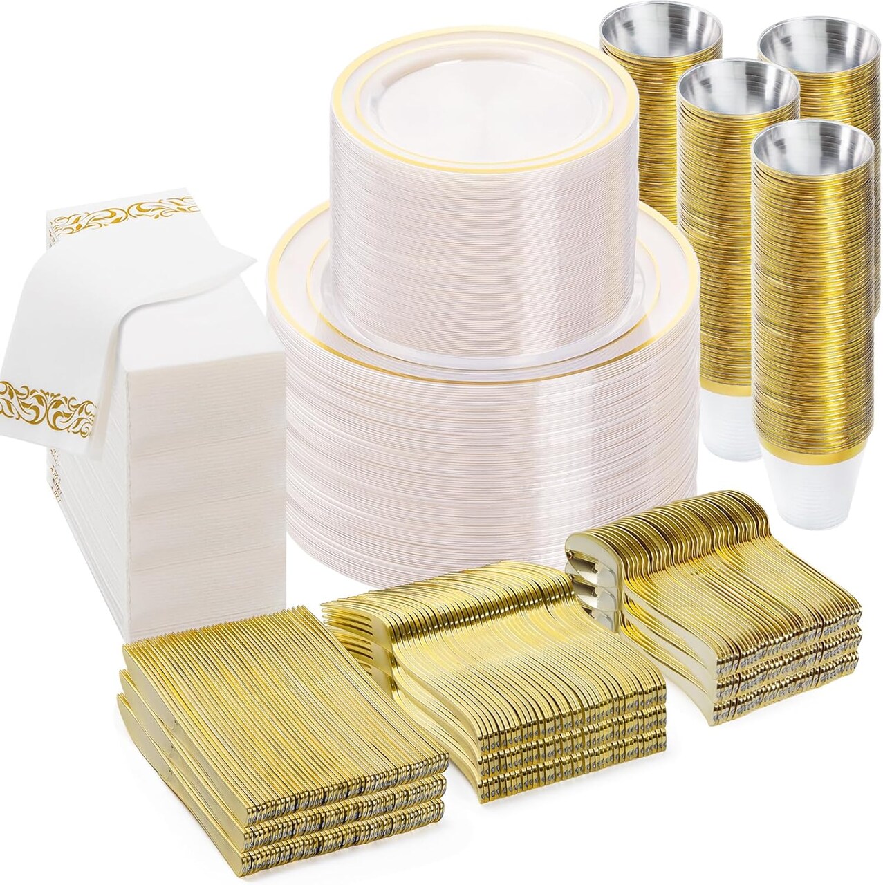 700PCS Gold Disposable Dinnerware Set – Plates, Cutlery, Cups & Napkins for 100 Guests